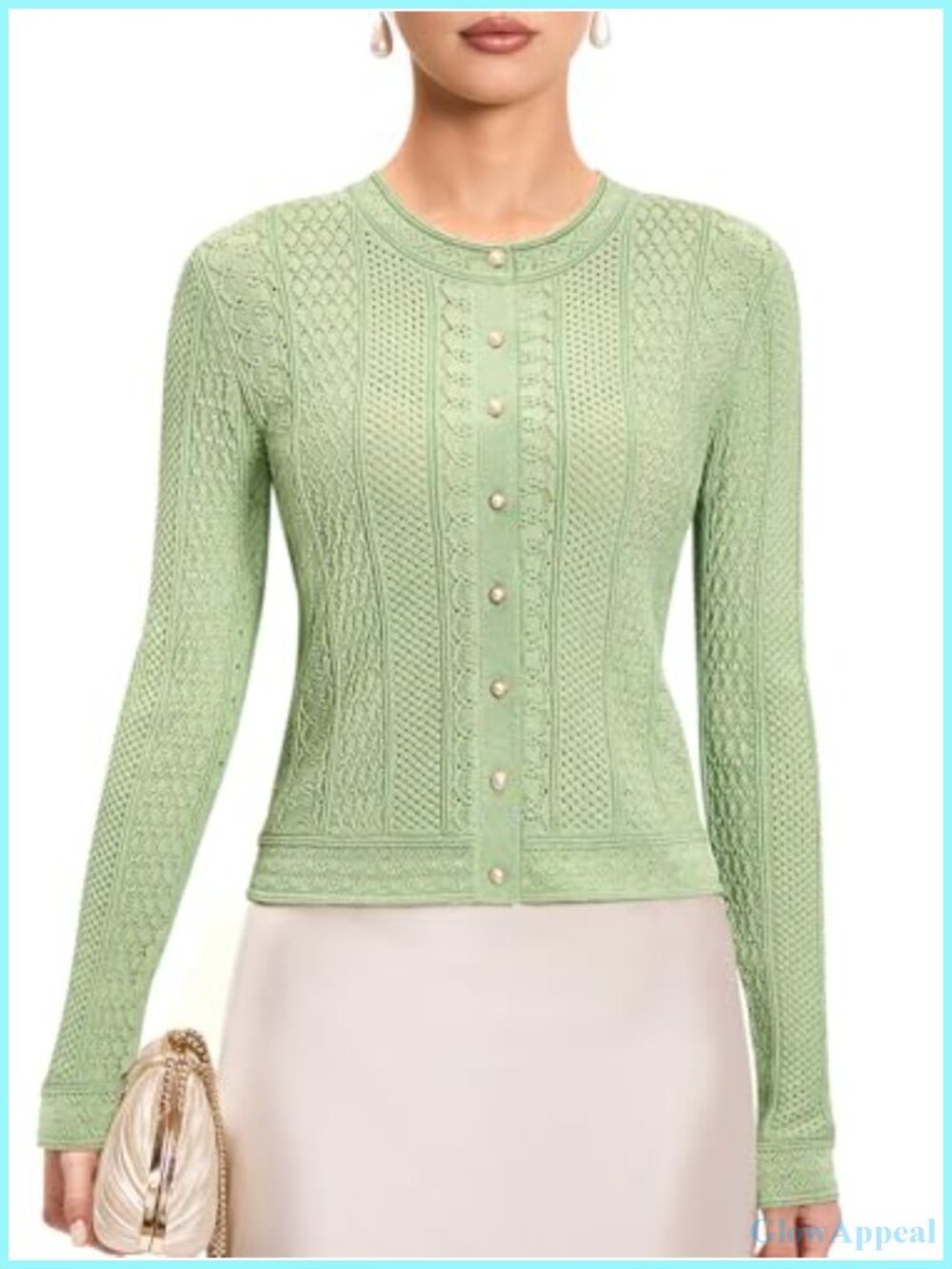 Women's Crochet Cropped Cardigan Sweater with Pearl Buttons Long Sleeve Viscose